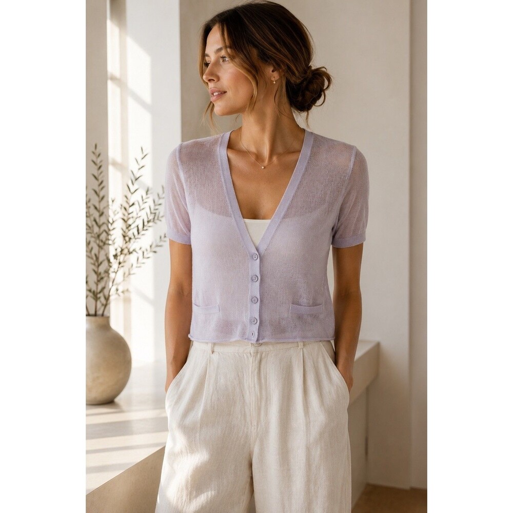 Eileen Fisher S Dusty lavender Linen Cotton Knit Cardigan Button Front Pockets